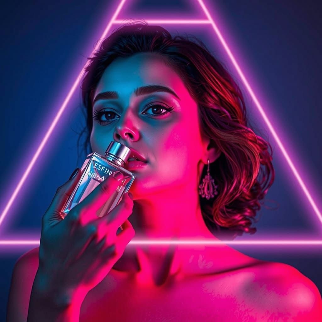 Hyperrealistic Woman Smelling Perfume in Futuristic Cyberpun...