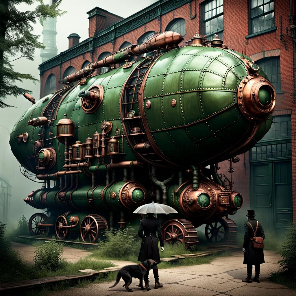 Steampunk Goth Model with Dirigibles and Robots