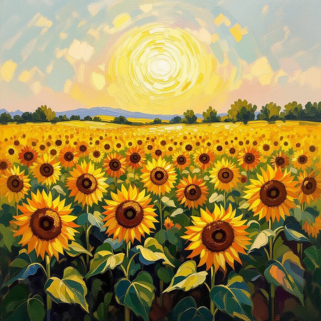 Vast Field of Sunflowers in Impressionistic Oil Style