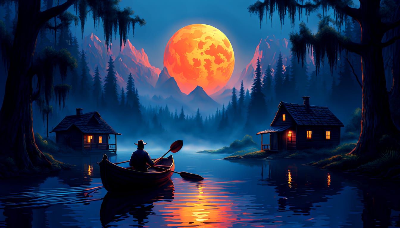 Canoeist on Misty River with Orange Moon