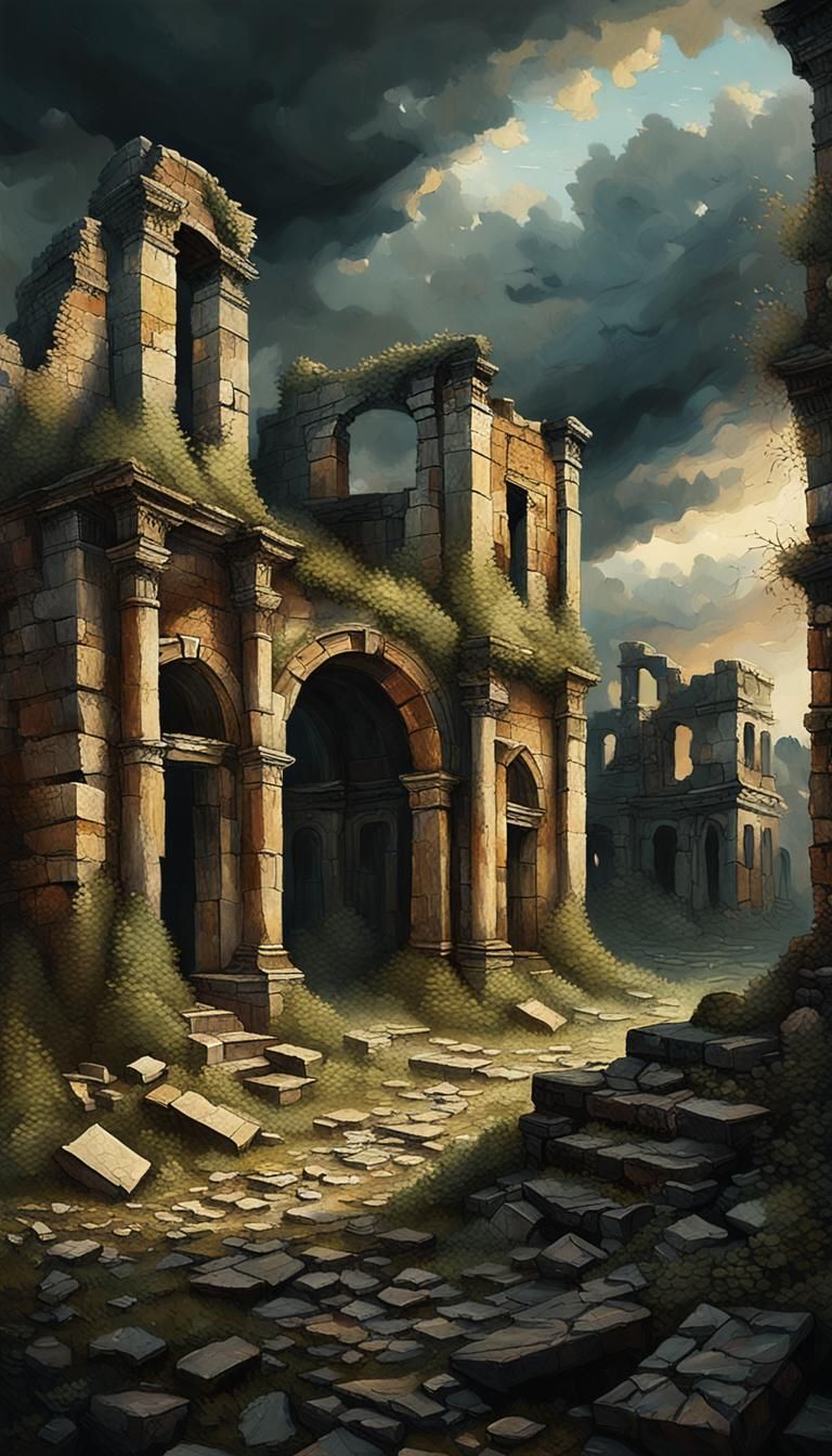 Ancient Civilization's Downfall as Impasto Oil Painting