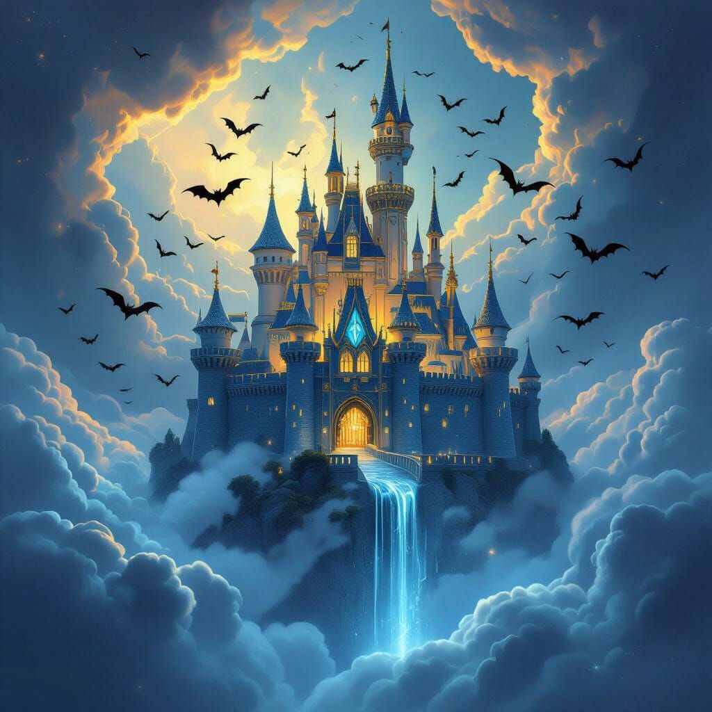 Floating Castle of Blue & Gold in Fantasy Concept Art Style