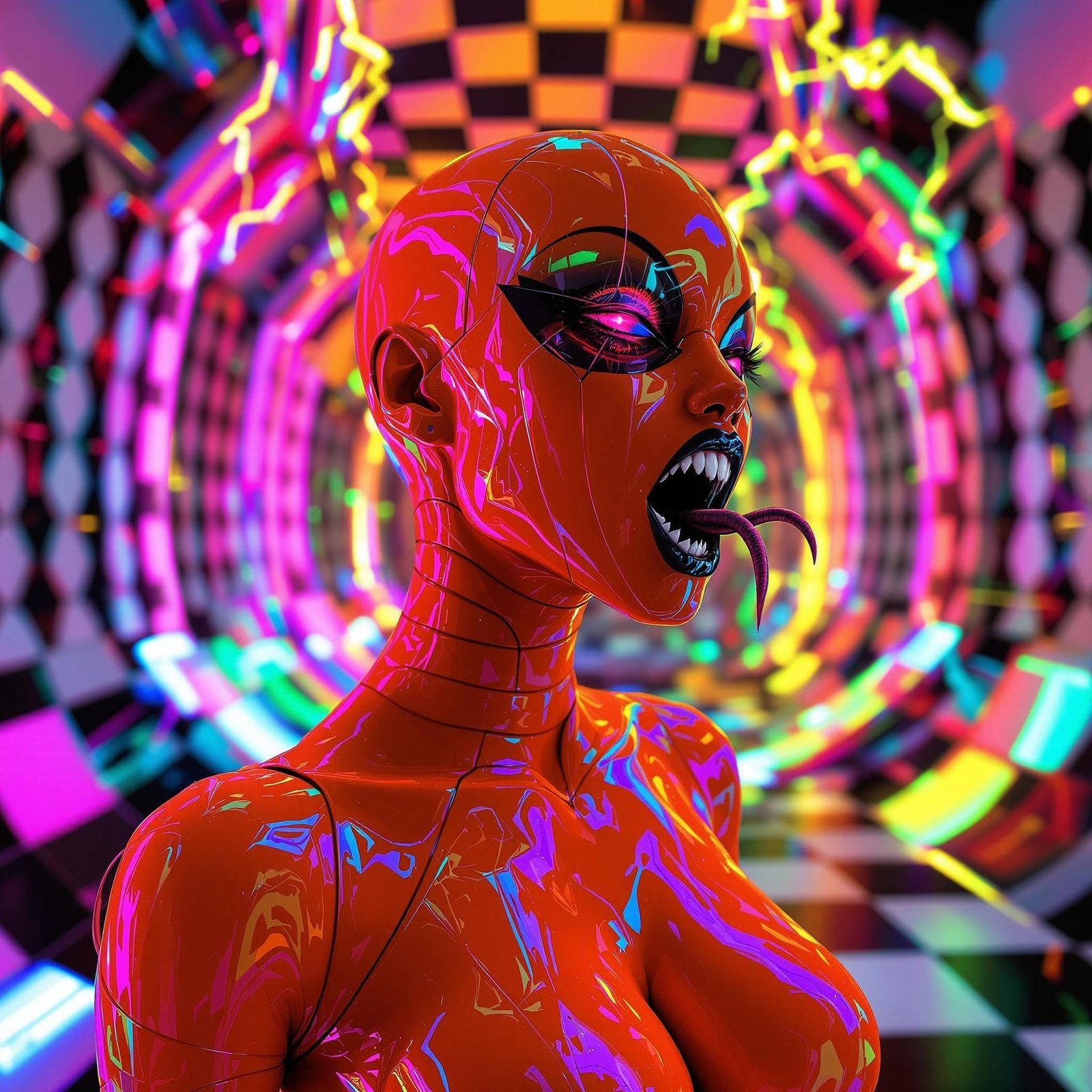 Futuristic Woman in Psychedelic Cyberpunk Glitchscape