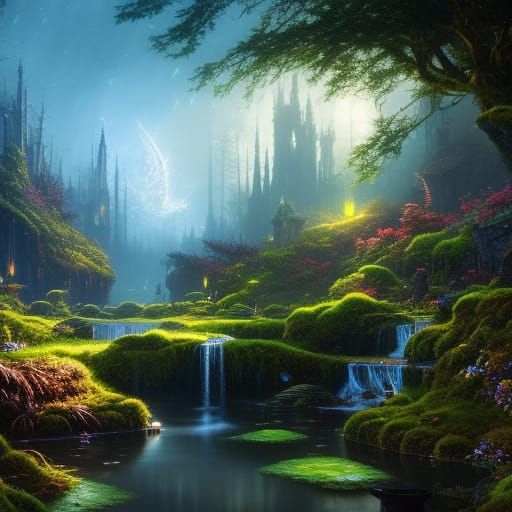 Enchanted Magical Garden at Night in Dark Fantasy