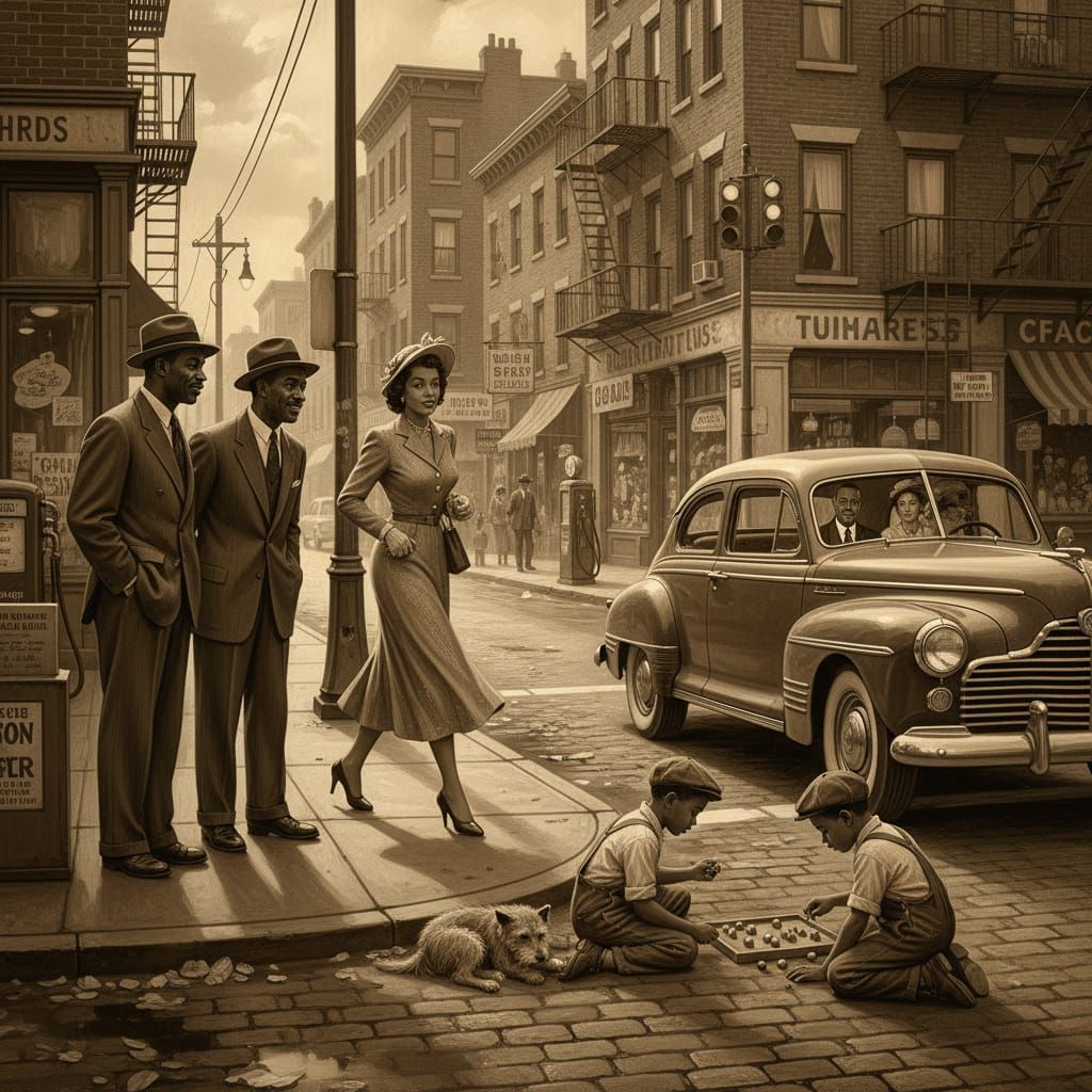 1940s Urban Street Scene in Sepia Tone