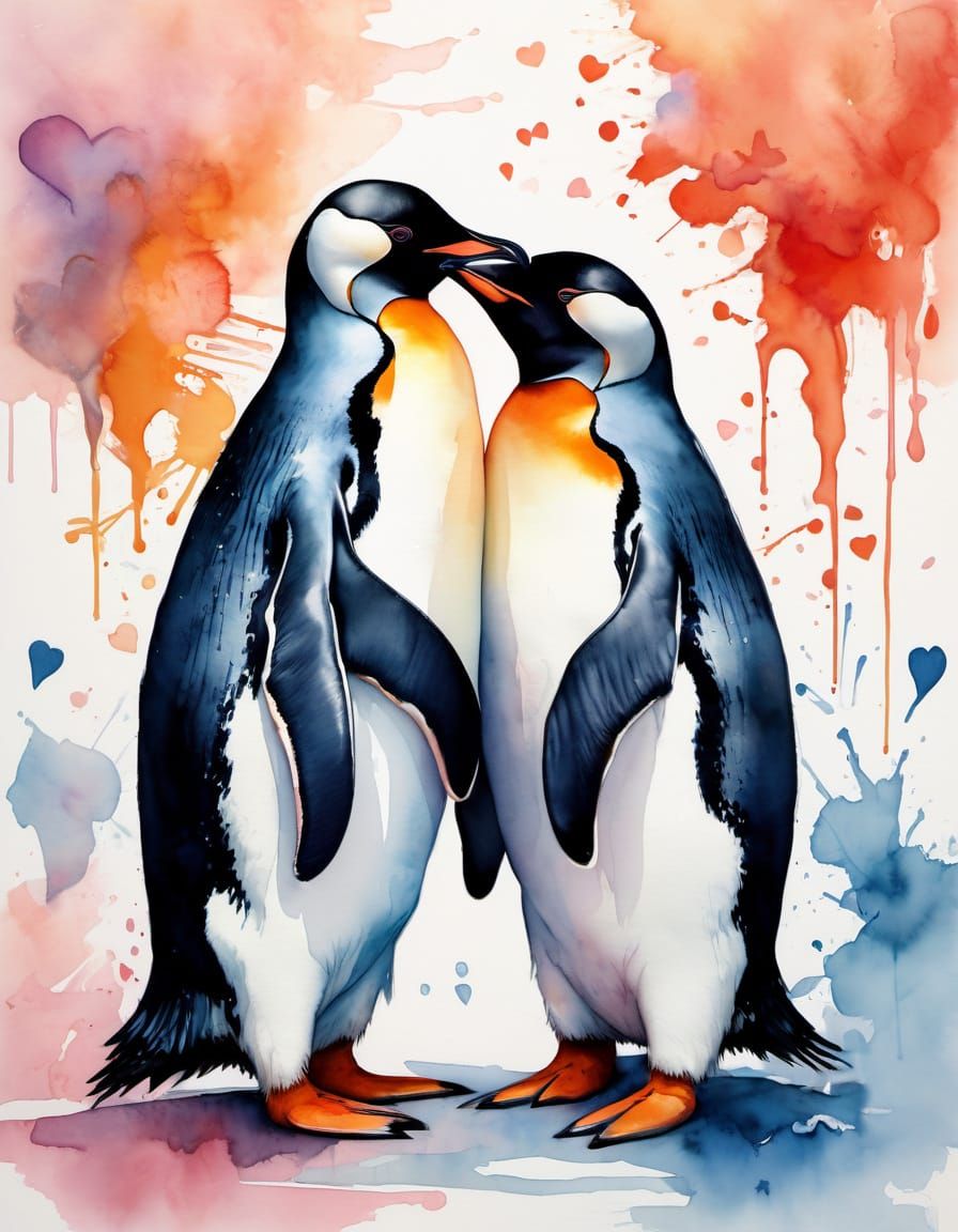 Vibrant Watercolor Penguins in Whimsical Harmony