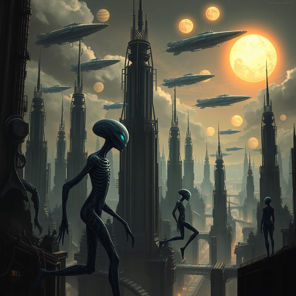 Dystopian Biomechanical Cityscape with Alien Beings