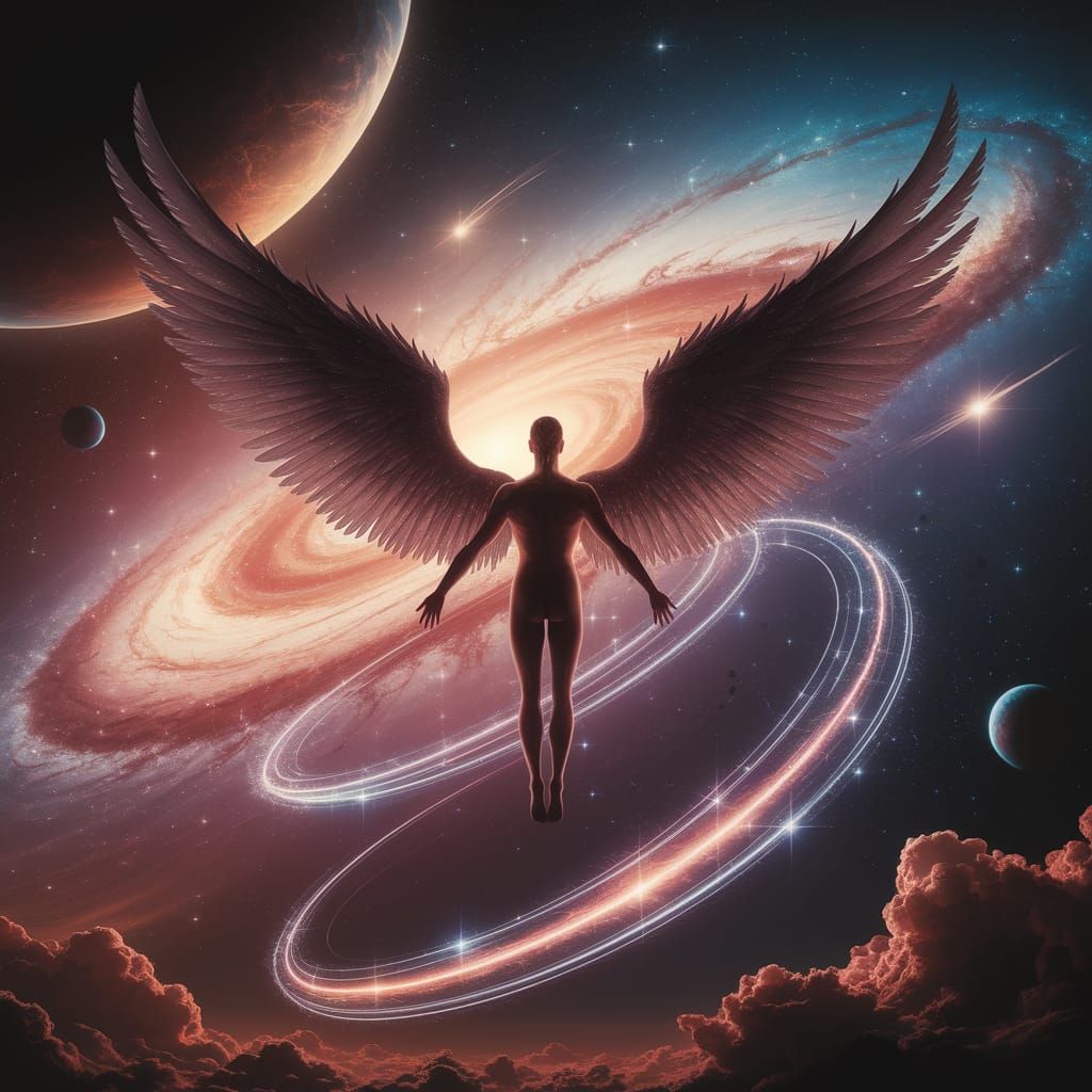 Heroic Figure Embraces Cosmic Freedom with Angelic Wings