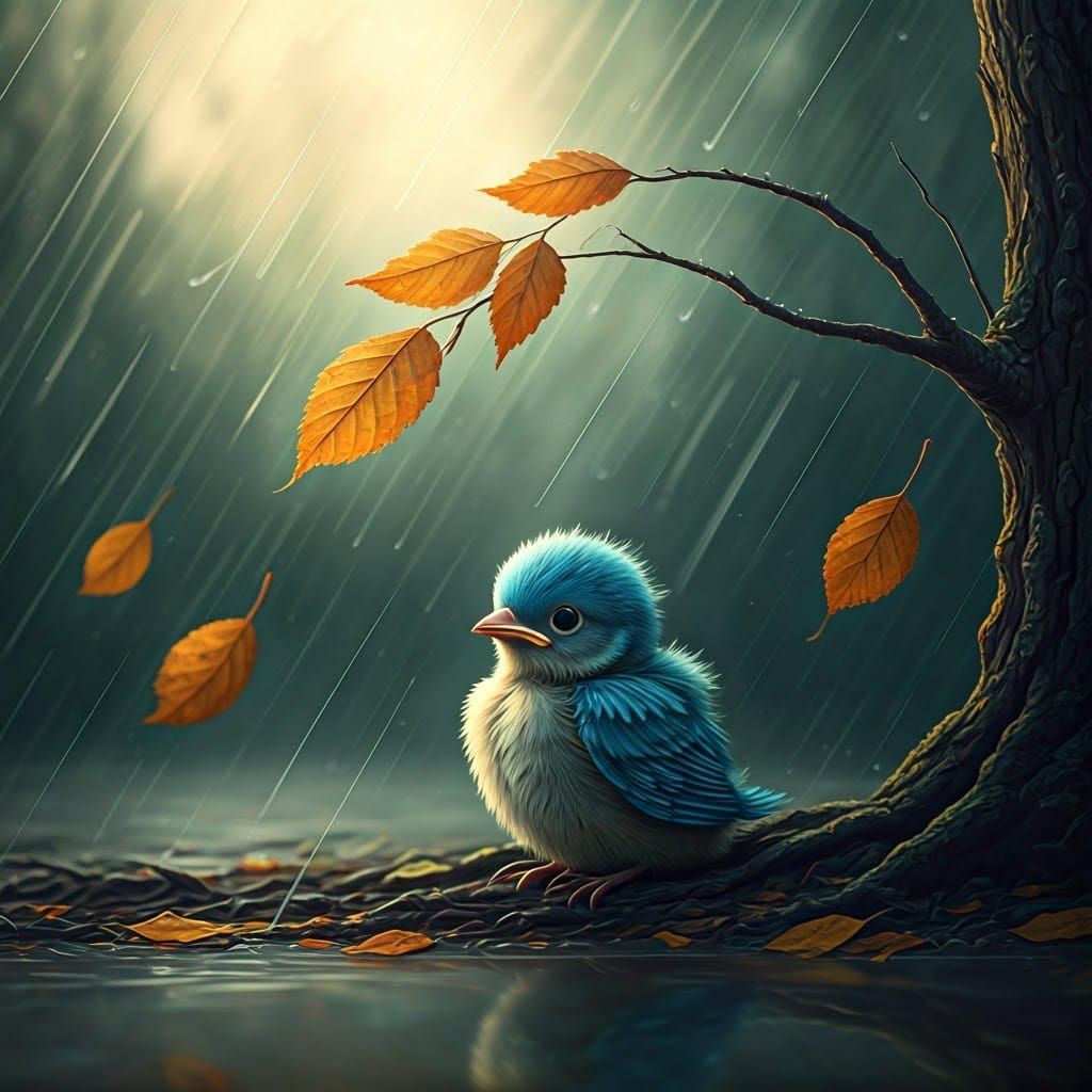 Vulnerable Blue Bird in Rainy Autumn Scene