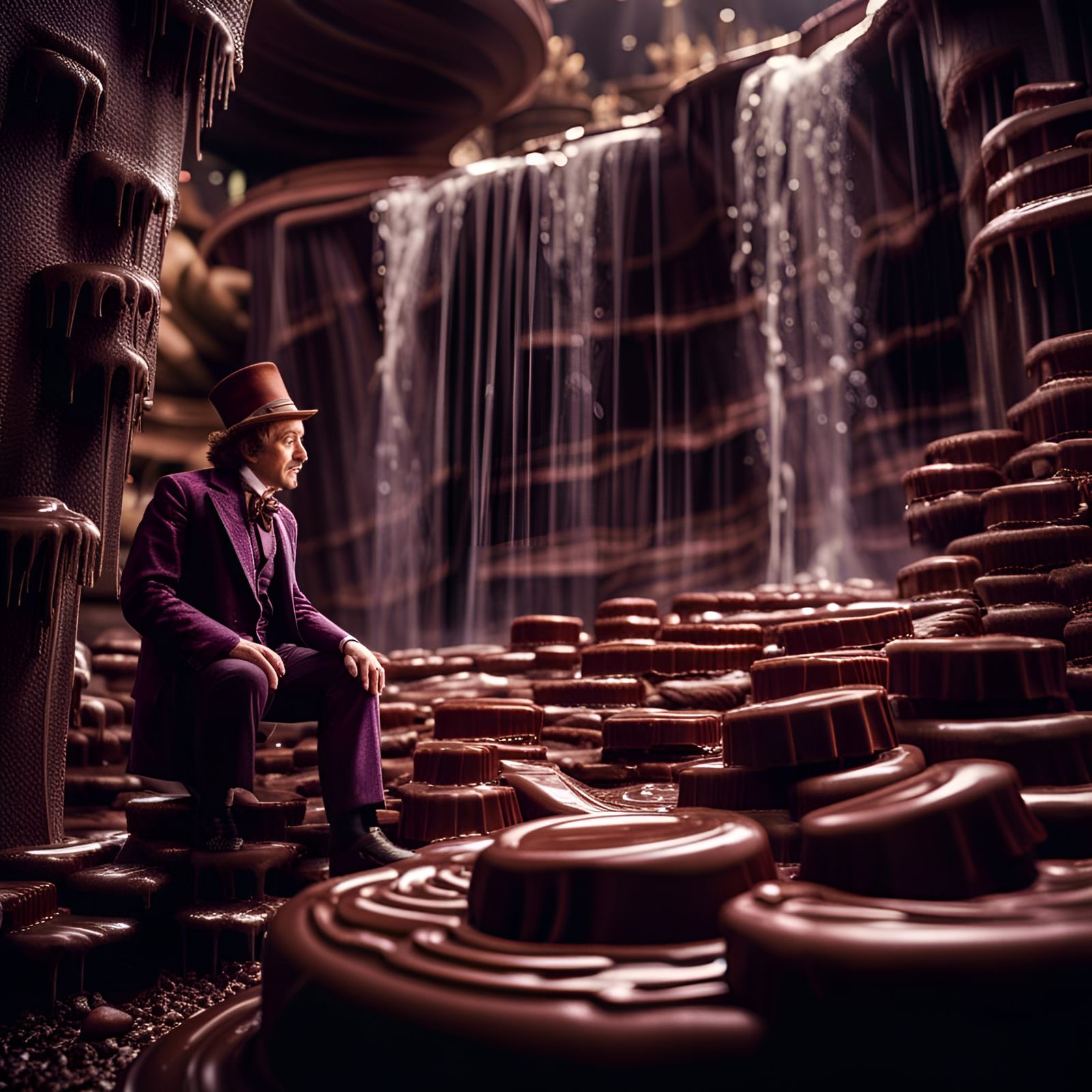 Hyperrealistic Wonka and the Chocolate Waterfall
