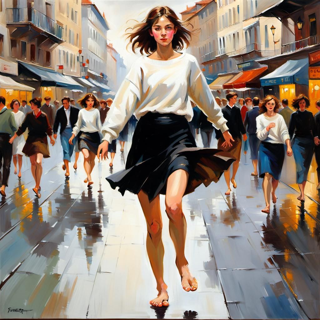 Barefoot Girl Dances Through City: Oil Painting