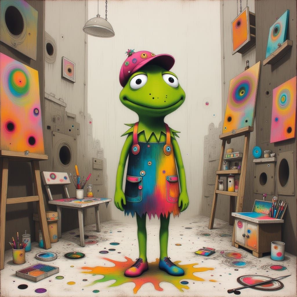 Kermit Frog in Kidcore Watercolor Art Studio