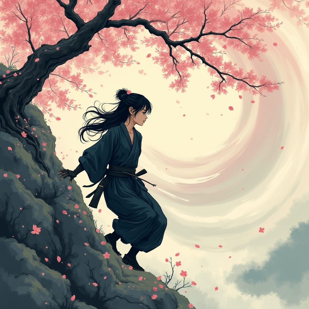 Female Ninja Ascends Rugged Mountain Slope Amidst Cherry Blo...