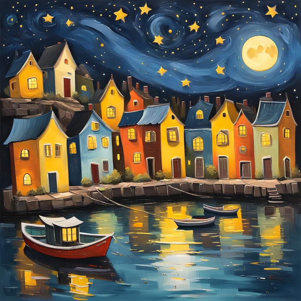 Gouache Fisherman's Village Under Starry Night