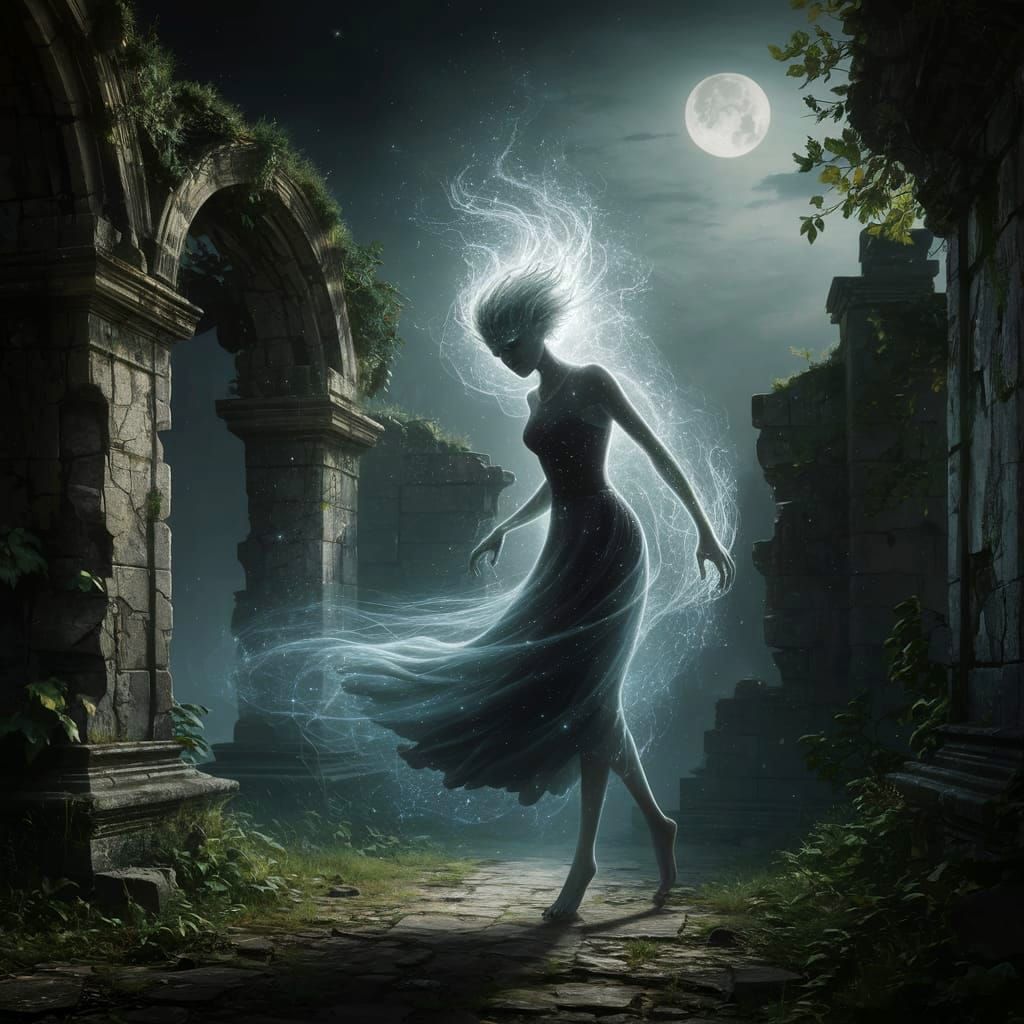 Ethereal Spirit in Ancient Ruin Under Moonlight