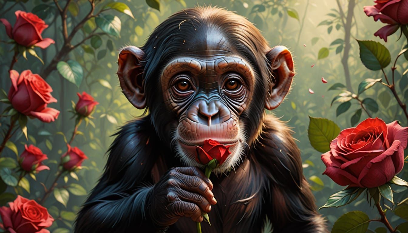 Chimpanzee Smelling Rose as Hyperrealistic Digital Art