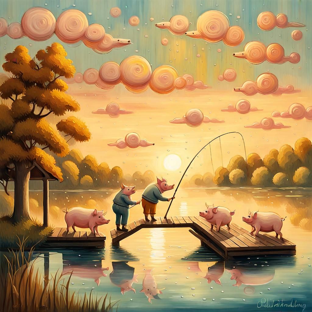 Pigs Fishing: Whimsical Folk Art Illustration