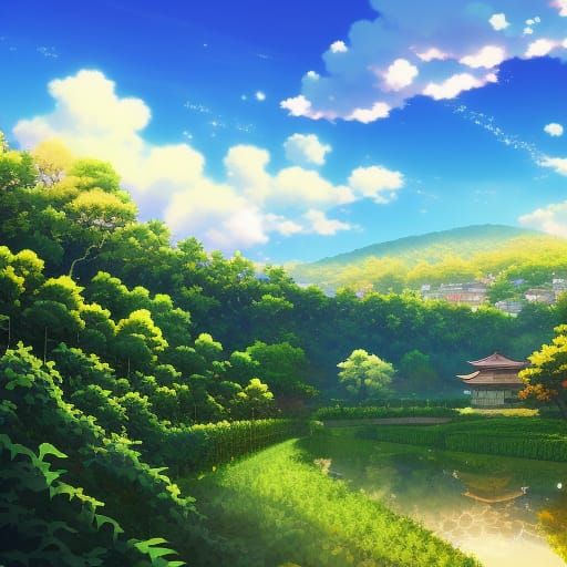 Anime Village Scene with Forest and Sky