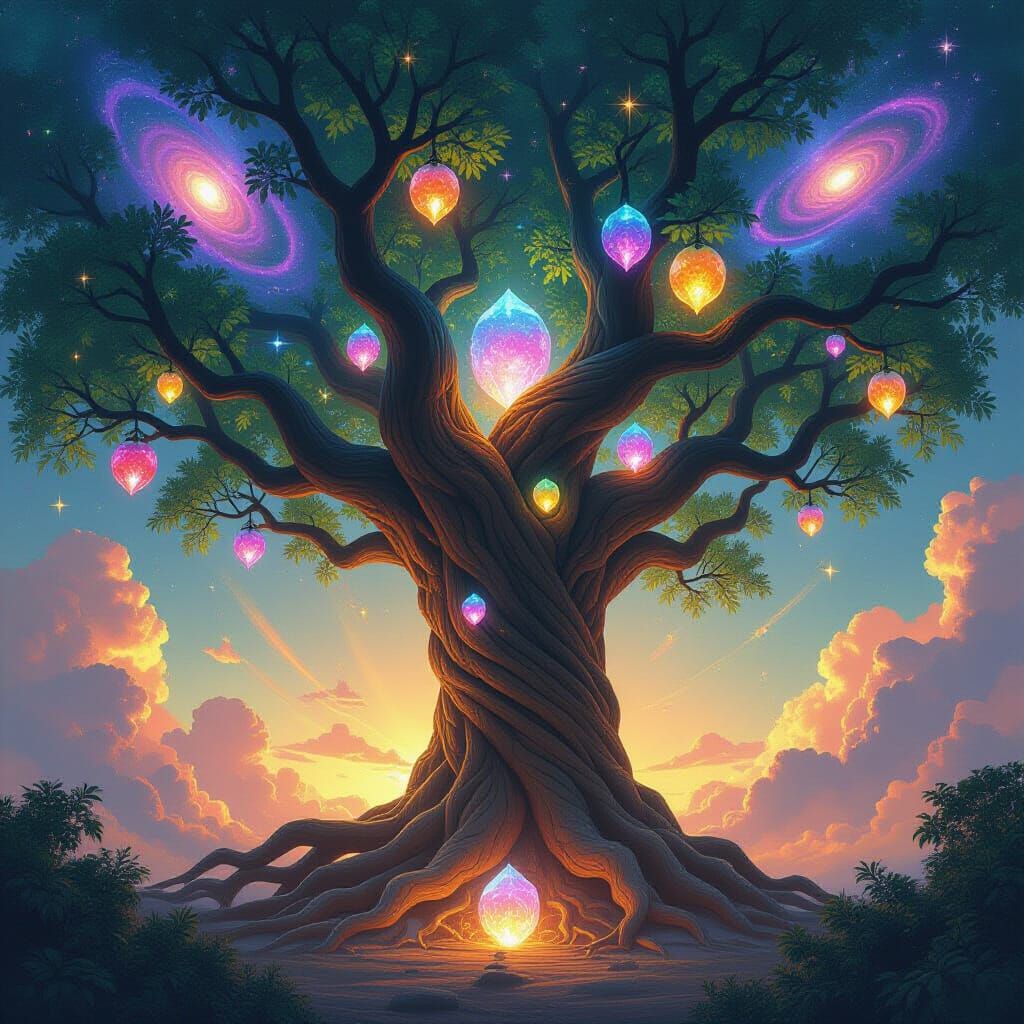 Cosmic Tree of Life with Crystalline Fruits in Fantasy Art