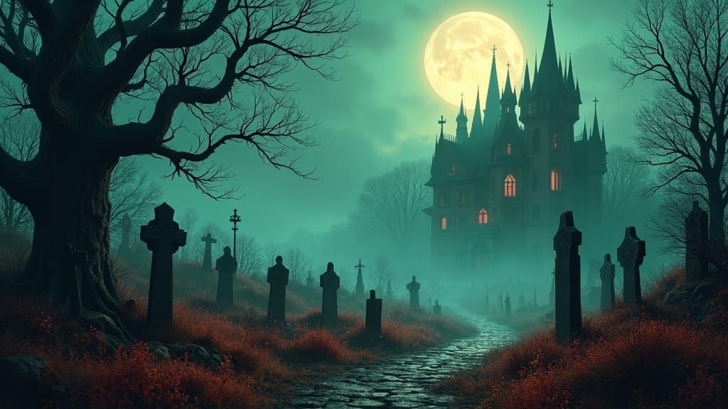 Eerie Halloween Graveyard in Matte Painting Style