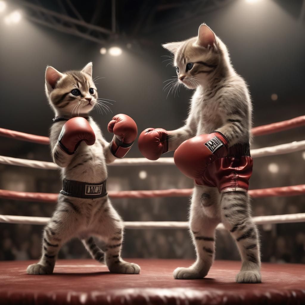 Boxing Cats: Kitten and Cat in 3D Render