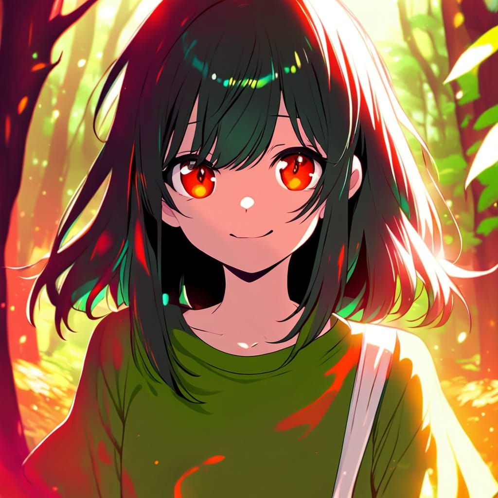 Surreal Anime Girl in Vibrant Dark Forest