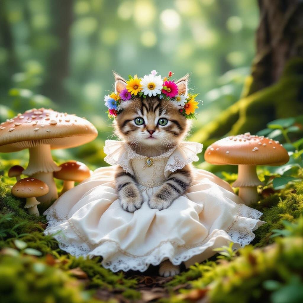 Kitten in Wildflower Crown Among Giant Mushrooms in Enchante...