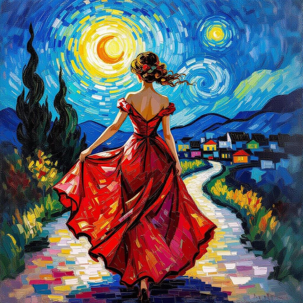 Woman in Red Dancing in Rainbow Sun Impasto Painting