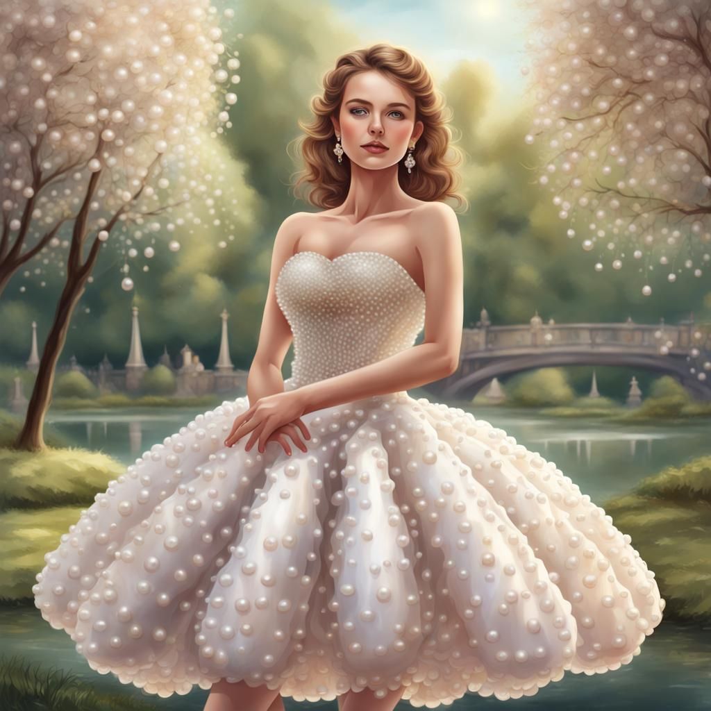Girl in Pearl Dress in Park: Realistic Illustration