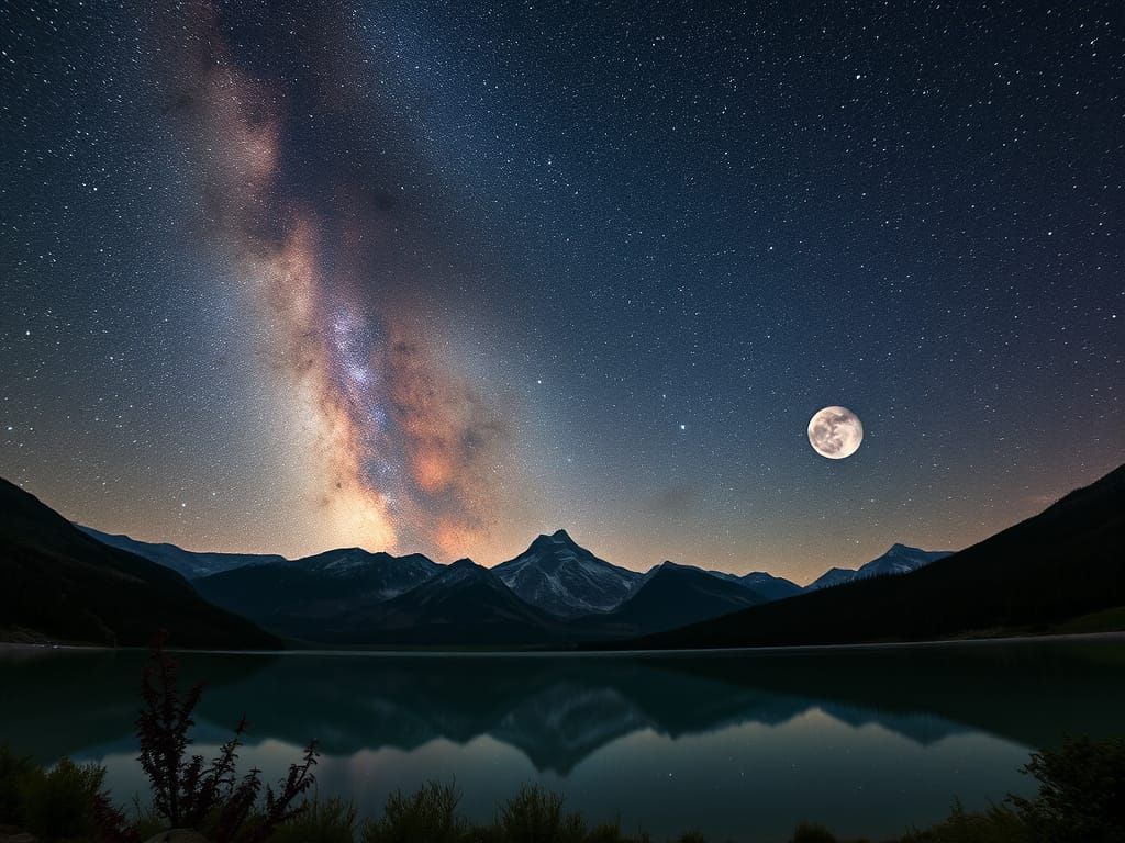 Starry Night Sky Over Mountain Lake with Moons