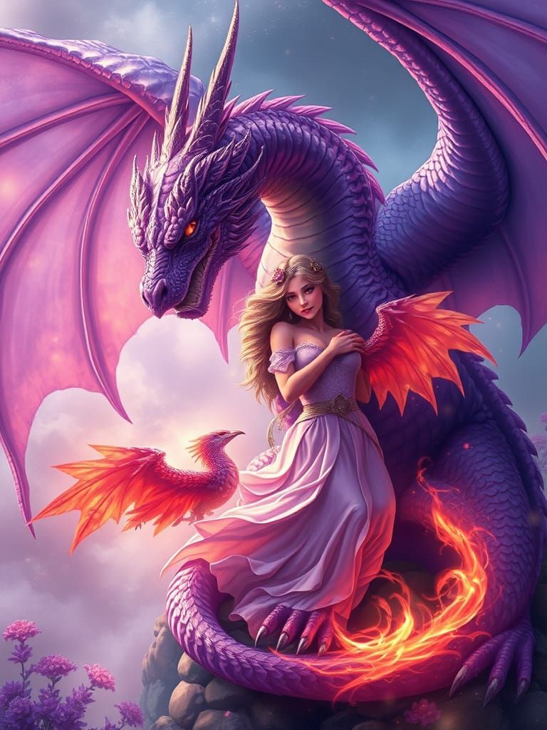 Dragon and Phoenix Embrace in Ethereal Fantasy Art