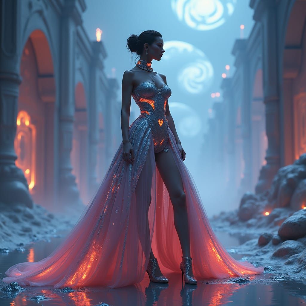Regal Woman in Futuristic Gown, Surreal Dreamscape