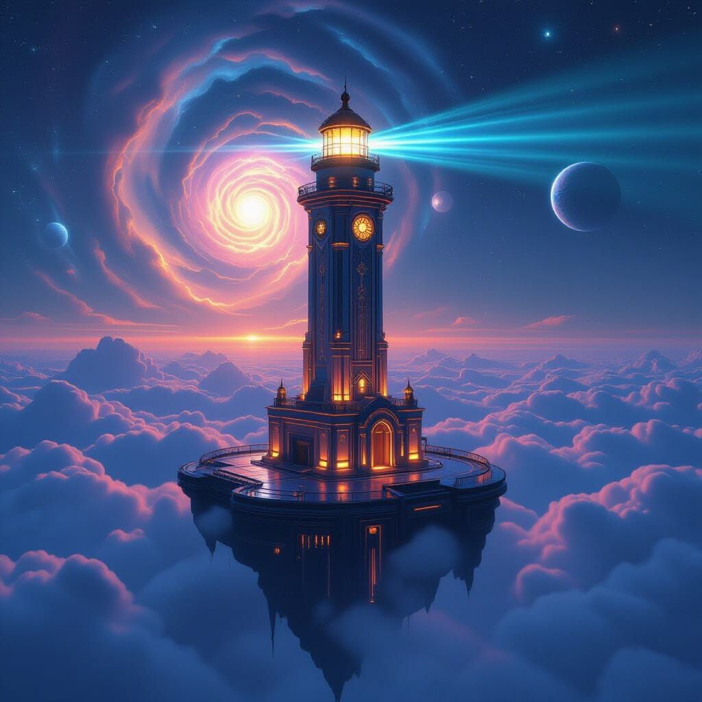 Art Deco Lighthouse on Floating Island, Retro-Futuristic Sty...