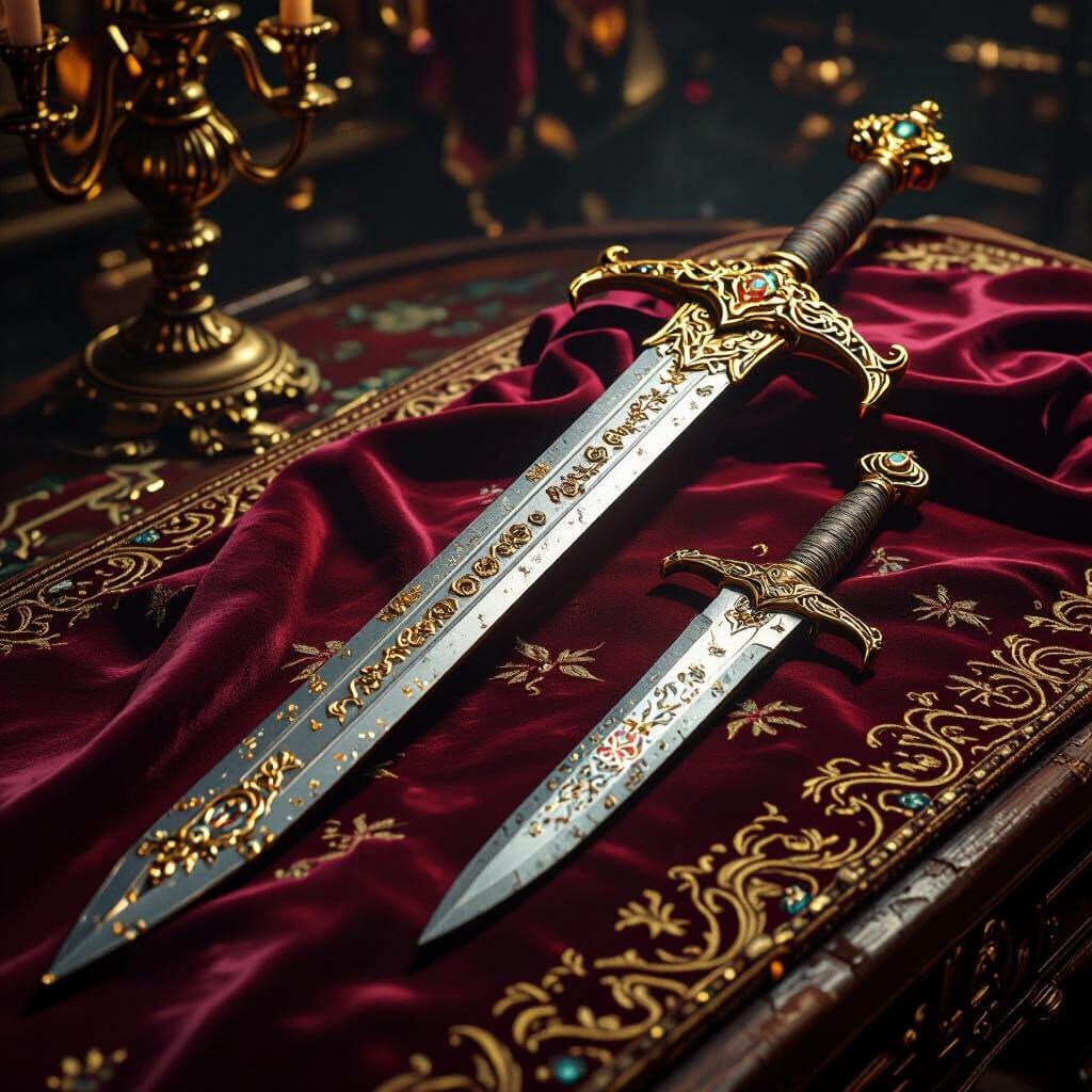 Ornate Rapier and Dagger on Velvet in Detailed Matte Paintin...