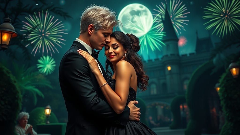 Moody Castle Garden Party at Night with a Romantic Couple