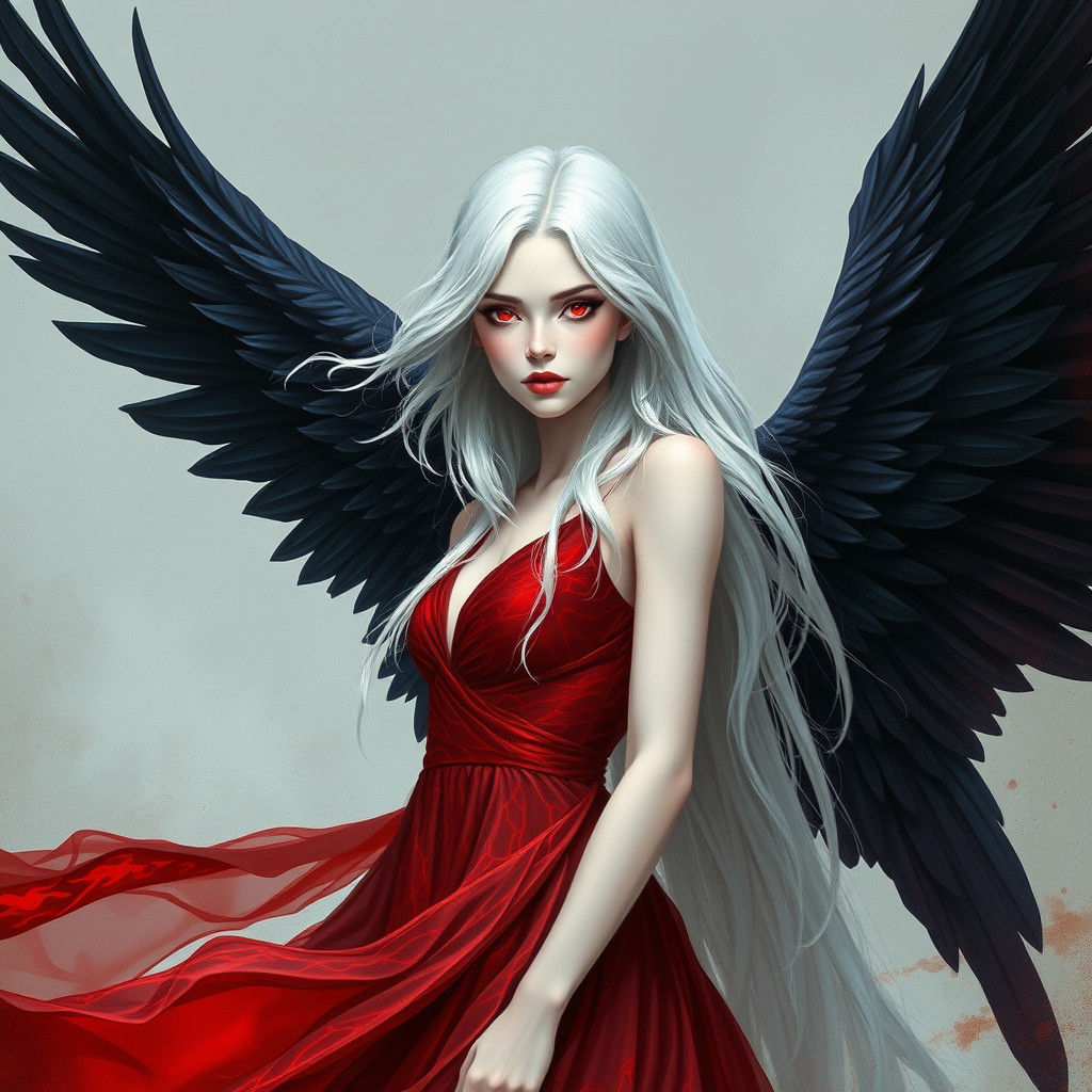 Pale Woman with Lava Dress and Black Wings