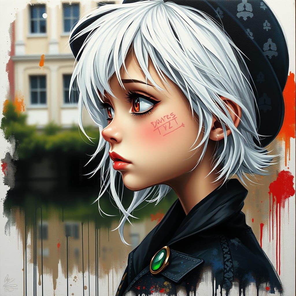 Girl in Profile Contemplates the Void in a Vibrant Oil Paint...