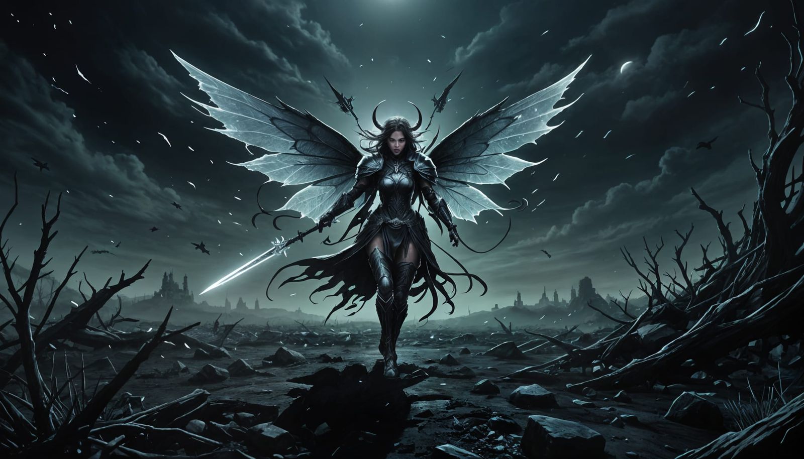 Dark Warrior Fairy Flies Over Desolate Battlefield