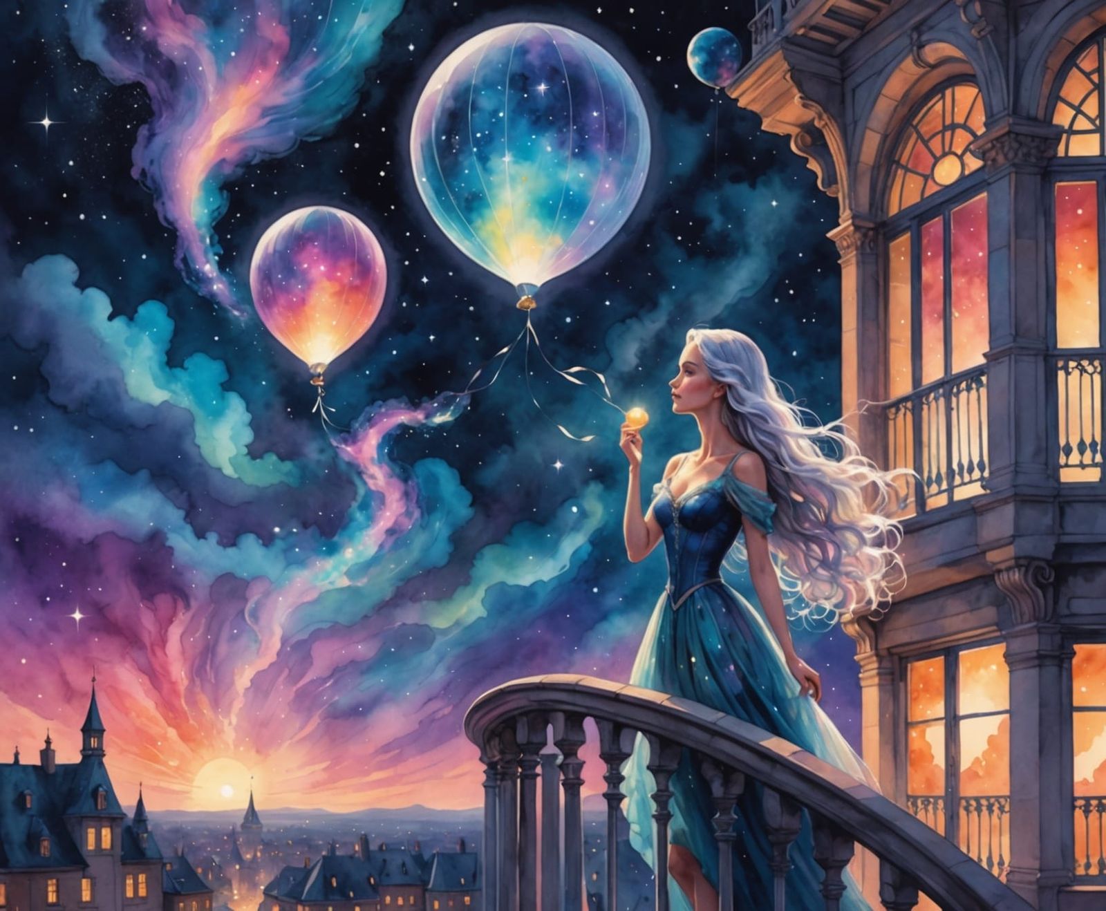 Starlight Balloon in Nebula: Watercolor Painting