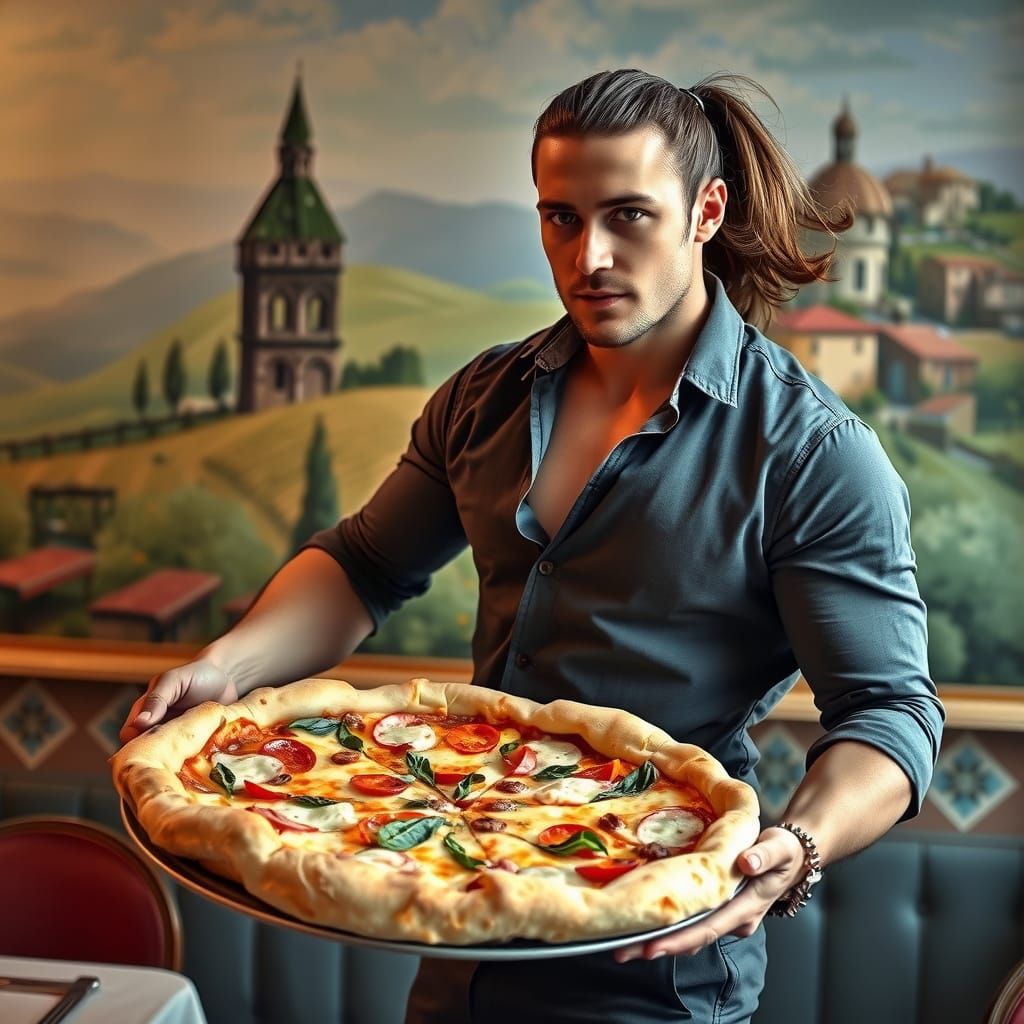 Hyperrealistic Italian Waiter Serving Pizza in Tuscany