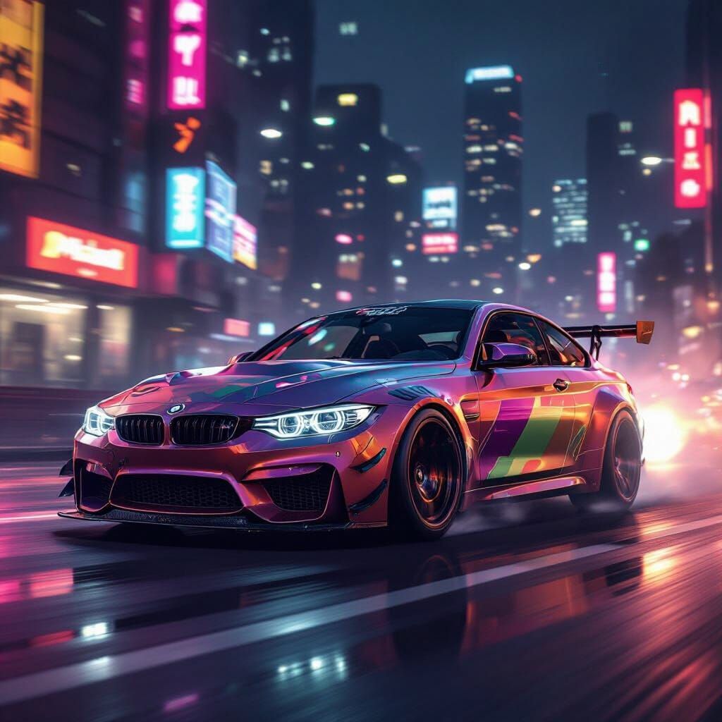 BMW M3 GTR Races Through Neon Cityscape