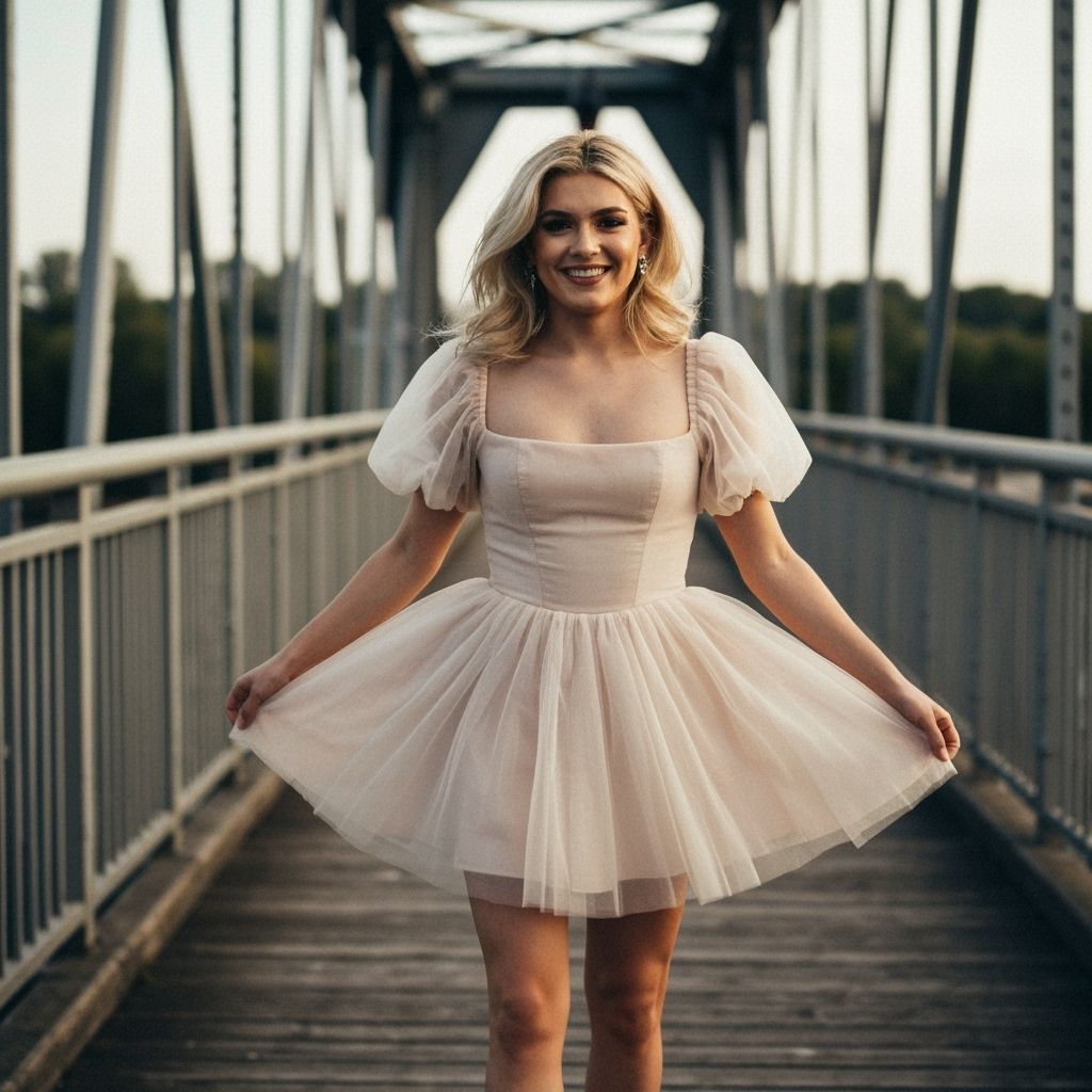 Young Man Crossdressing in Flowing Tulle Dress on Bridge
