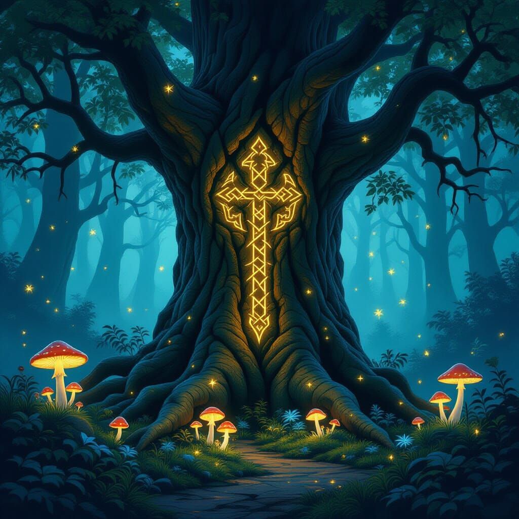 Ancient Tree with Glowing Runes in Misty Forest Clearing