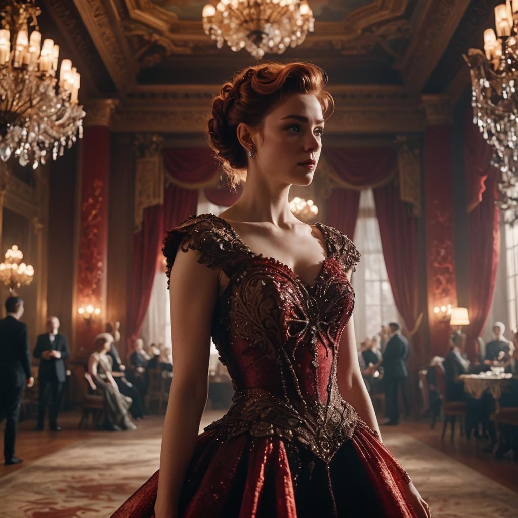 Ornate Ballroom Scene with Ruby Red Lighting