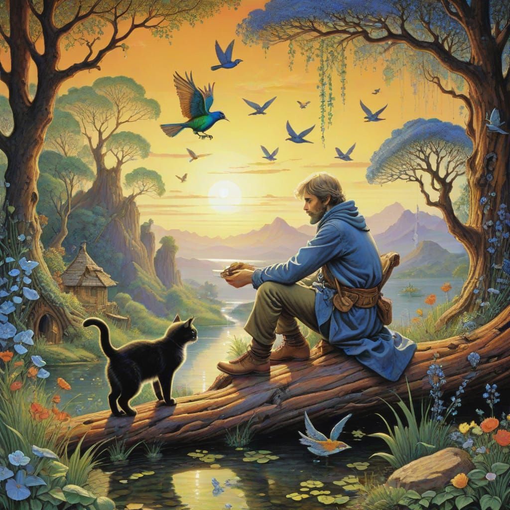 A Gentleman and Feline Friend in Whimsical Woodland Scene