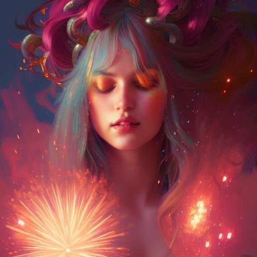 Goddess of Fireworks Portrait in Hyperrealistic Style