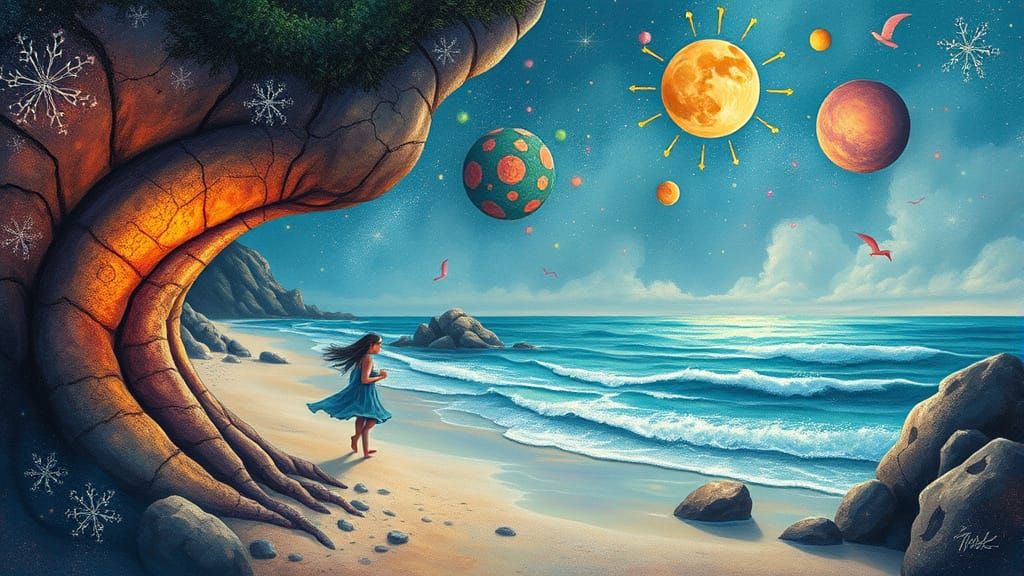 Dreamlike Coastal Scene in Whimsical Illustration Style