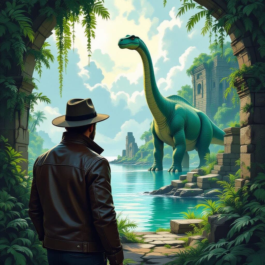Lost World Explorer and Dinosaurs in Atmospheric Lighting
