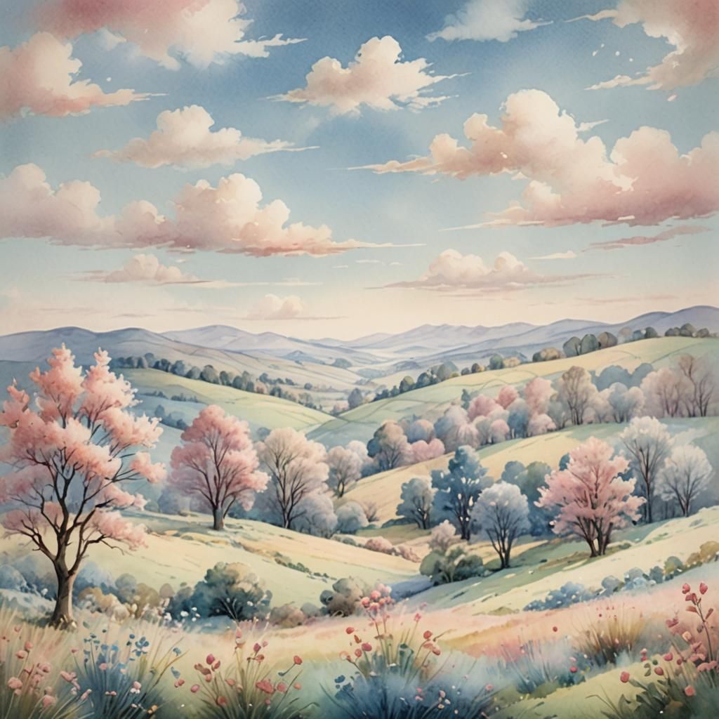 Pink and Blue Pastel Landscape in Watercolor Style