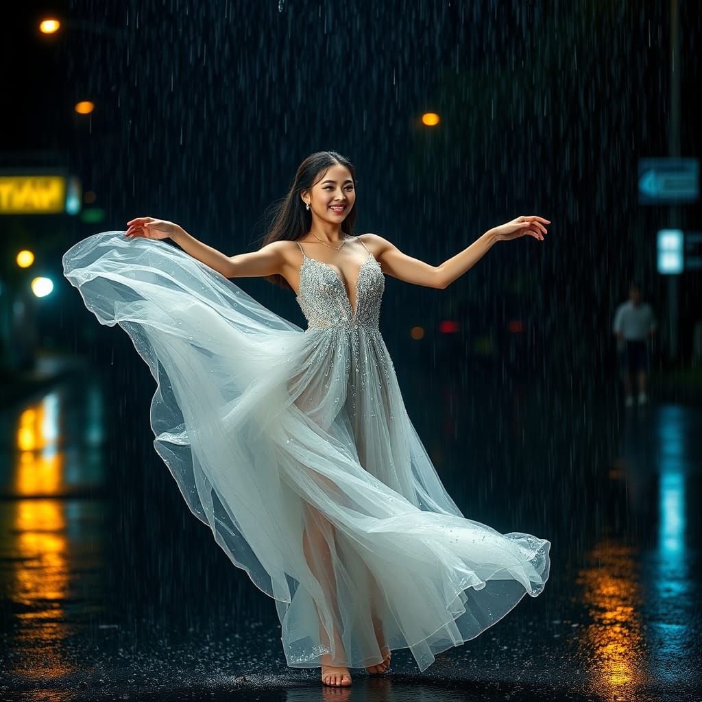 Woman Dancing in Rain in Futuristic Digital Art Style